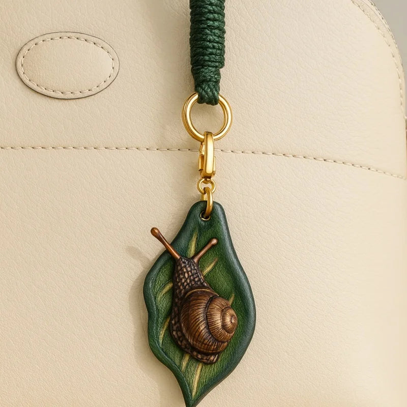 Handcrafted Leather Leaf & Bronze Snail Bag Charm – Unique Nature-Inspired Pendant | Artistic Handmade Accessory for Bags, Keys & Gifts