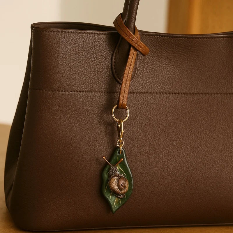 Handcrafted Leather Leaf & Bronze Snail Bag Charm – Unique Nature-Inspired Pendant | Artistic Handmade Accessory for Bags, Keys & Gifts