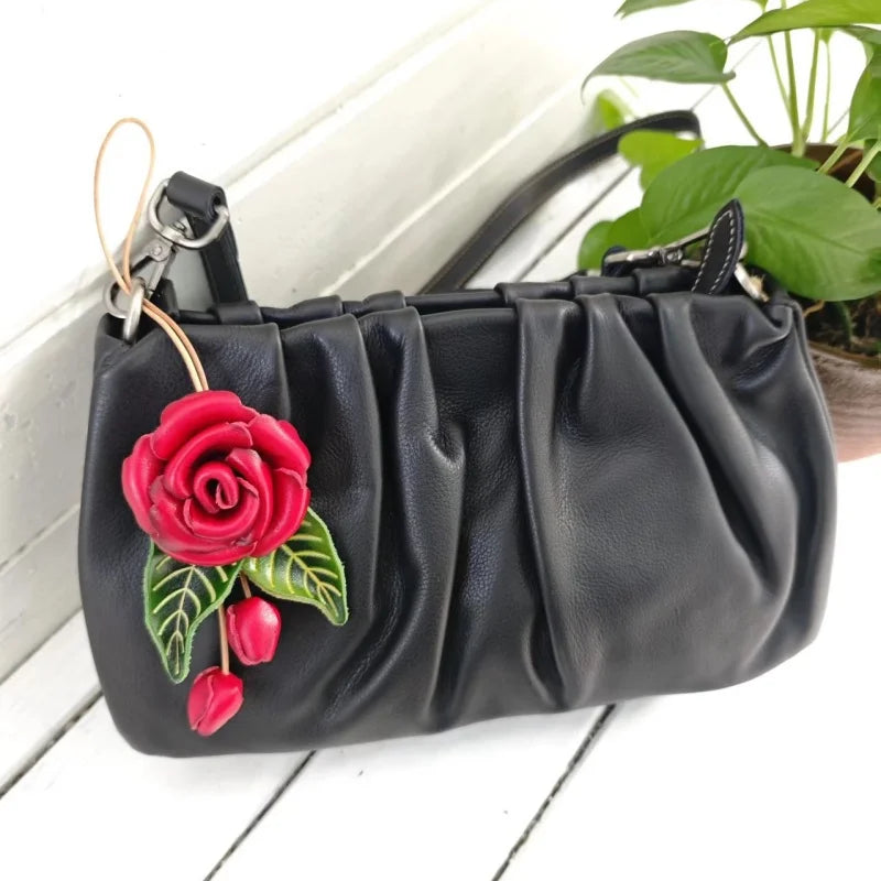Romantic Rose Leather Bag Charm – Handmade Full-Grain Leather Flower Pendant | Artisan Floral Keychain for Couples & Friends | Elegant Ins-Style Gift Accessory