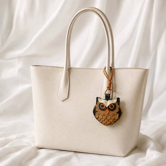Dije de búho de cuero estilo vintage para bolso – Llavero colgante de cuero flor multicapa hecho a mano | Accesorio adorable de inspiración animal | Regalo para parejas y amigos