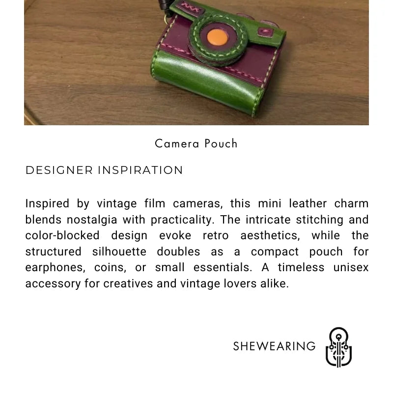 Retro Camera Leather Bag Charm & Mini Earphone Pouch – Handcrafted Top-Grain Leather Keychain | Unisex Vintage Accessory | Functional Coin & Earbud Case