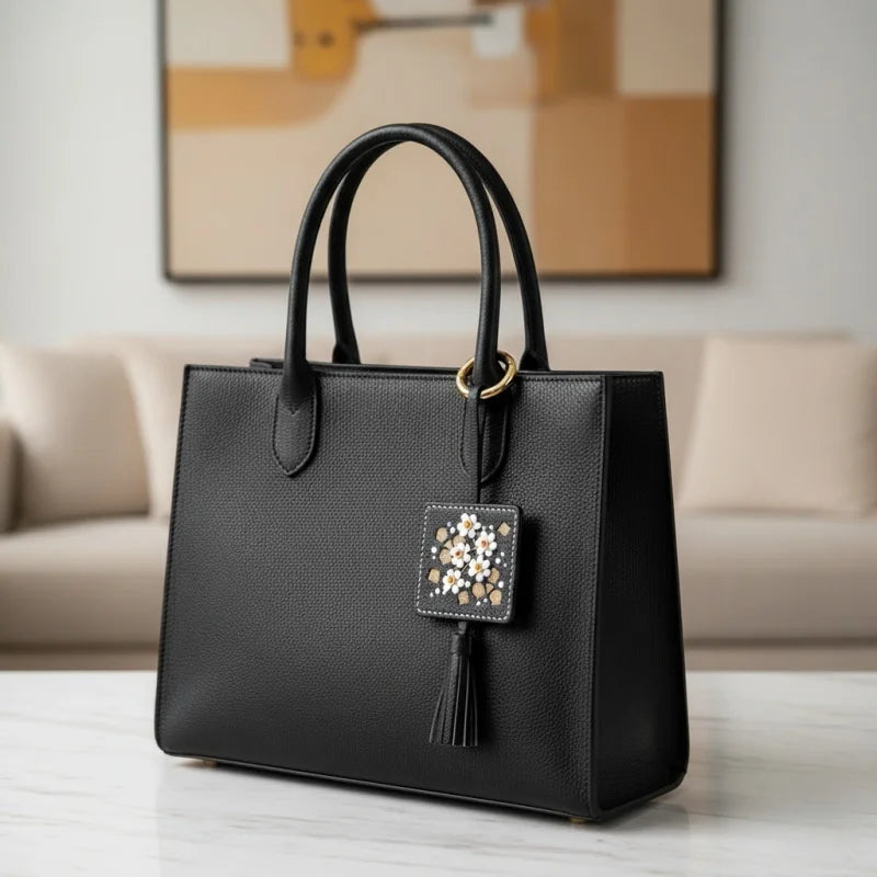 Dije para bolso con borla floral bordada a mano con diseño original | Llavero de piel de cordero francesa de primera calidad | Un accesorio sofisticado para regalar.