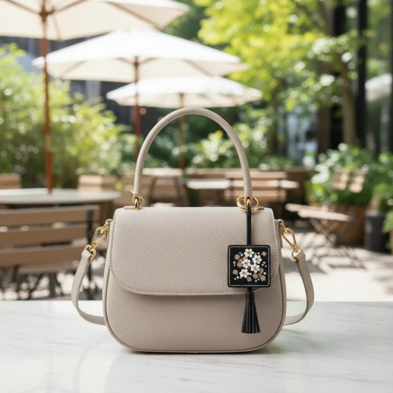 Dije para bolso con borla floral bordada a mano con diseño original | Llavero de piel de cordero francesa de primera calidad | Un accesorio sofisticado para regalar.