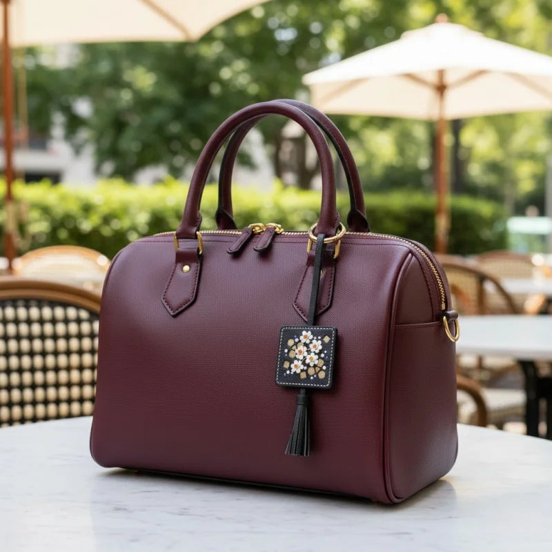 Dije para bolso con borla floral bordada a mano con diseño original | Llavero de piel de cordero francesa de primera calidad | Un accesorio sofisticado para regalar.