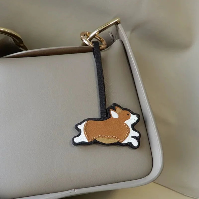 Corgi Leather Bag Charm – Handmade French Sheepskin Keychain | Playful Dog-Inspired Pendant | Whimsical Gift for Pet Lovers