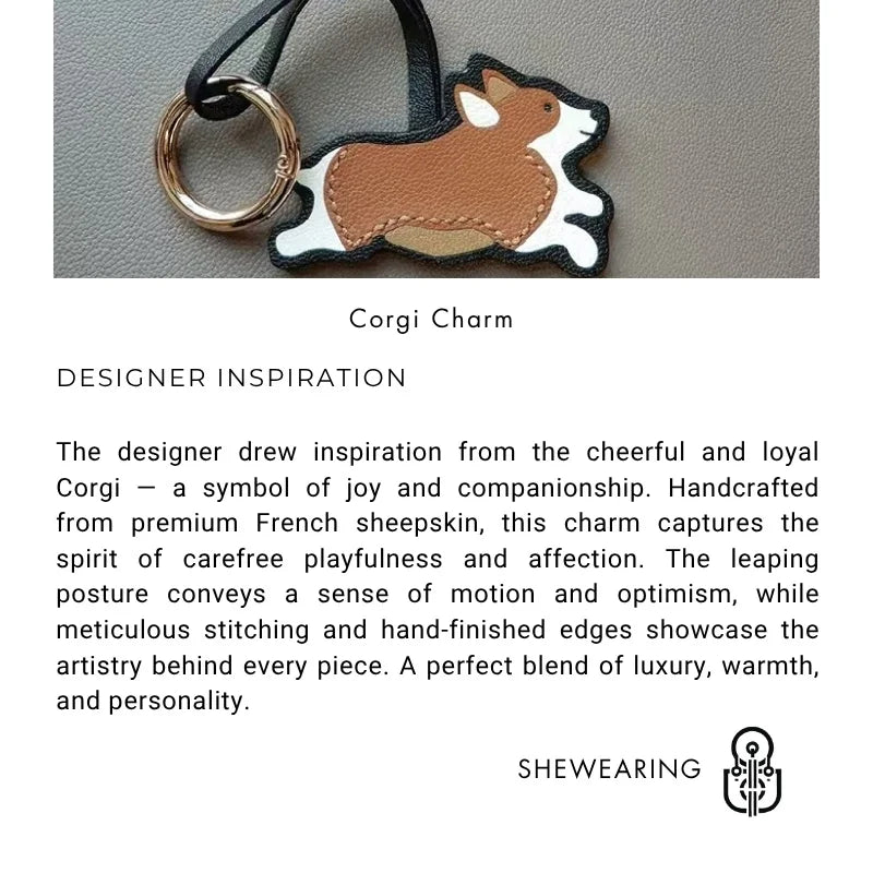 Corgi Leather Bag Charm – Handmade French Sheepskin Keychain | Playful Dog-Inspired Pendant | Whimsical Gift for Pet Lovers