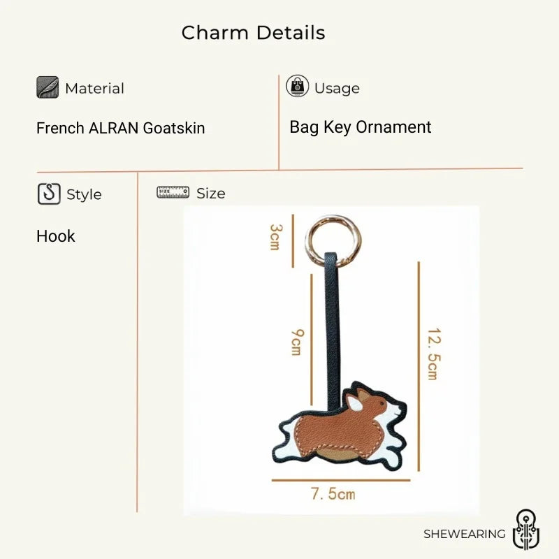 Corgi Leather Bag Charm – Handmade French Sheepskin Keychain | Playful Dog-Inspired Pendant | Whimsical Gift for Pet Lovers
