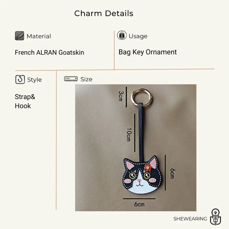 Playful Cat Leather Bag Charm – Handcrafted Lambskin Color-Block Keychain | Cute Yet Elegant Handbag Accessory | Artisan Animal Charm Gift for Her