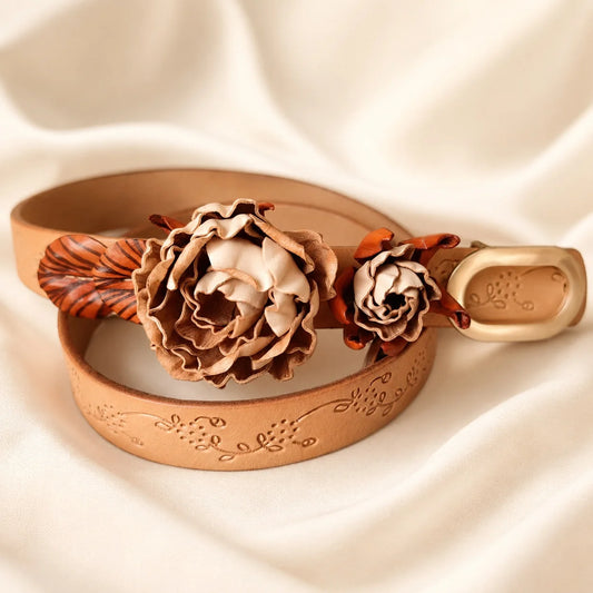 Antique Rose Bloom Leather Floral Waist Belt – Handcrafted Vegetable-Tanned Leather Flower Belt for Dresses, Skirts & Light Outerwear