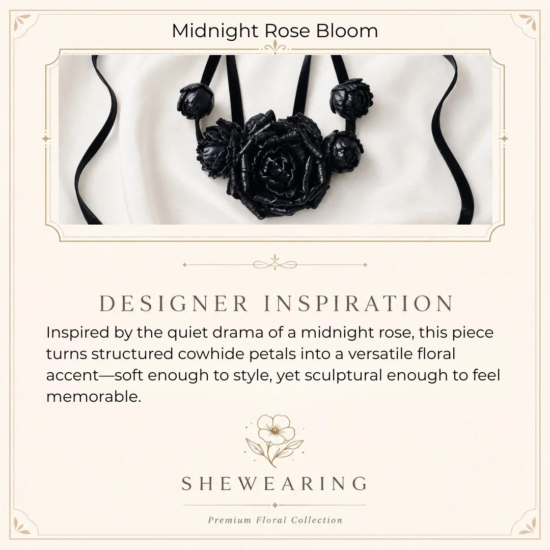 Midnight Rose Bloom Black Leather Floral Waist Belt – Handcrafted Cowhide Rose Styling Piece with Velvet Ribbon for Waist, Necklace & Hair Accessory