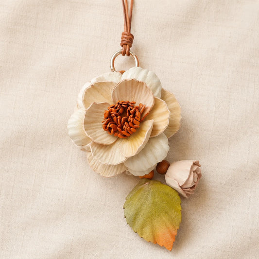 Camellia Grace Leather Floral Bag Charm – Handmade Sculpted Leather Flower Pendant | Premium Handbag & Necklace Accessory