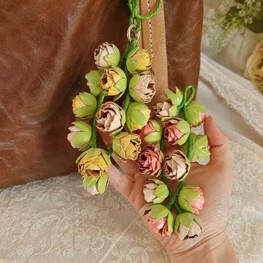 Blush Bud Cascade Leather Floral Bag Charm – Handmade Sculpted Rosebud Pendant | Premium Handbag & Necklace Accessory