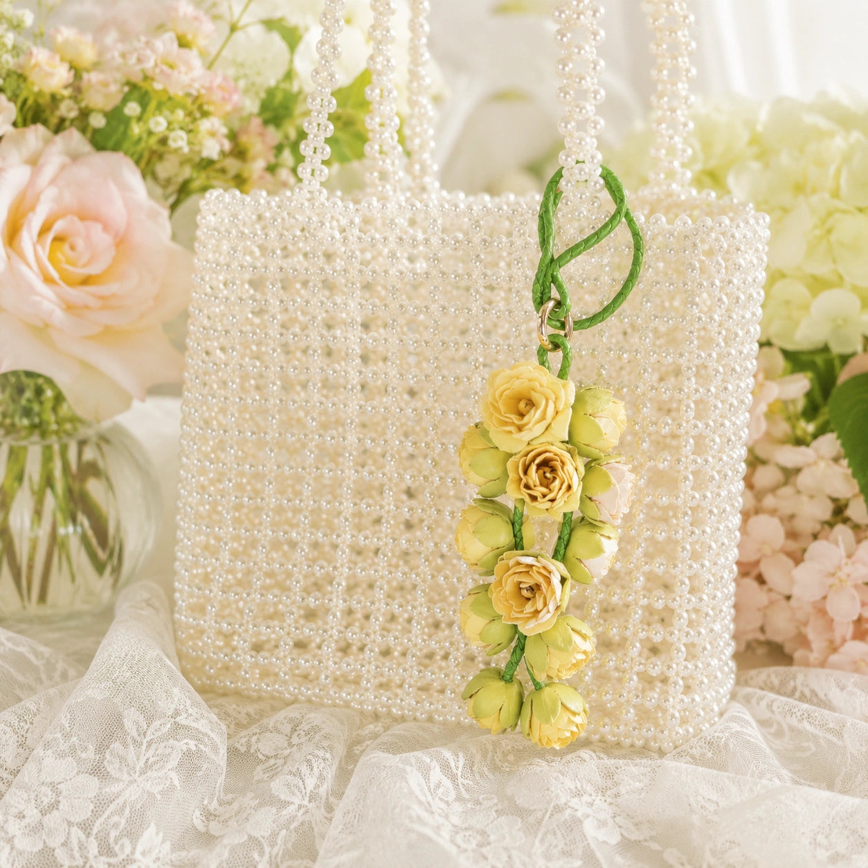 Blush Bud Cascade Leather Floral Bag Charm – Handmade Sculpted Rosebud Pendant | Premium Handbag & Necklace Accessory