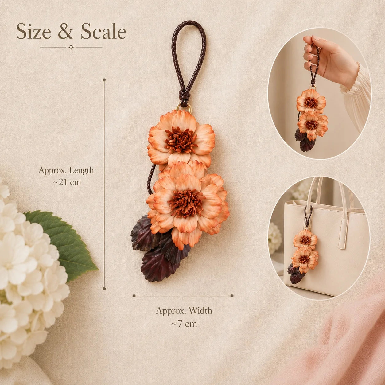 Peony Reverie Leather Floral Bag Charm – Handmade Sculpted Leather Peony Pendant | Premium Handbag & Necklace Accessory