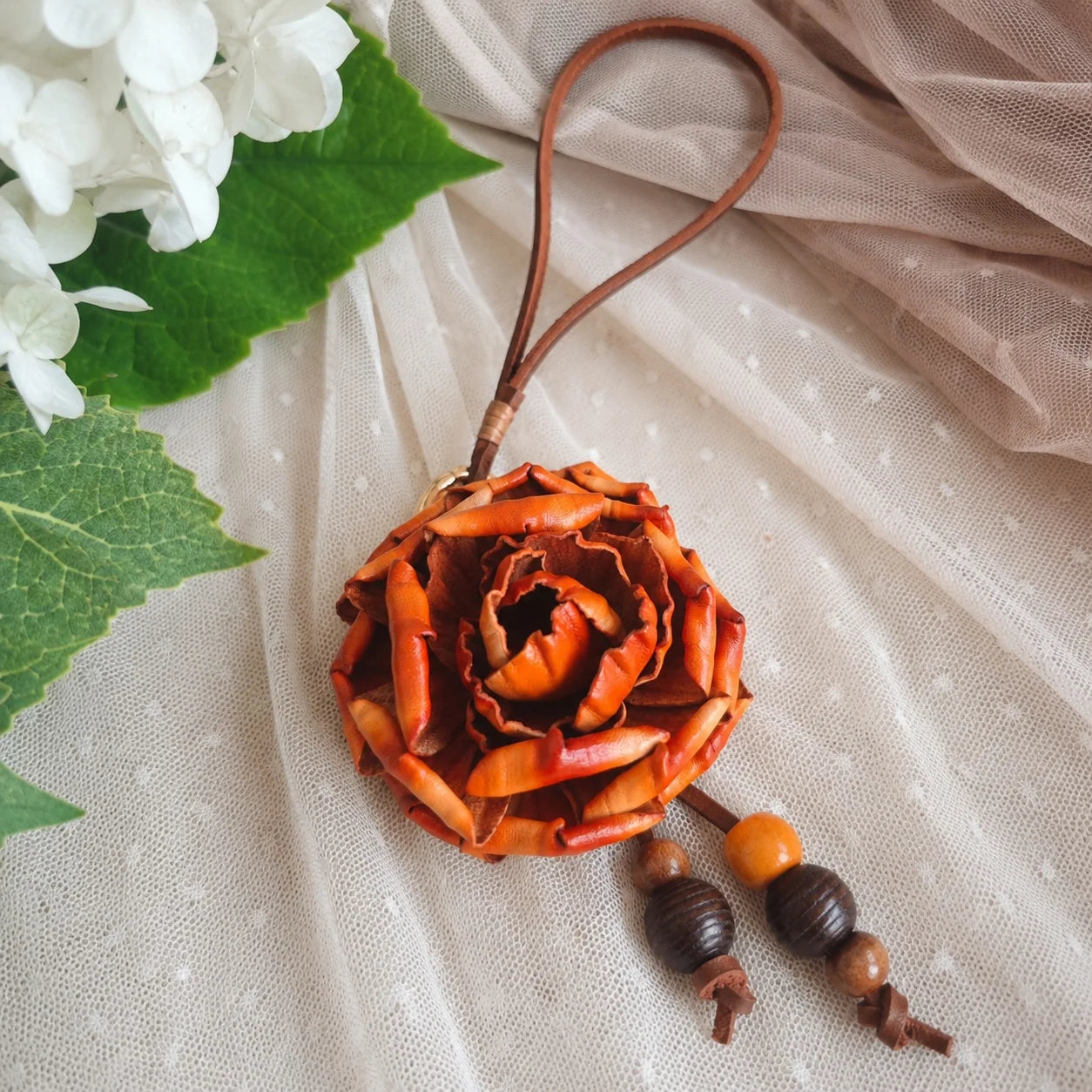 Heritage Rose Leather Floral Bag Charm – Handmade Sculpted Rose Pendant | Premium Handbag & Necklace Accessory
