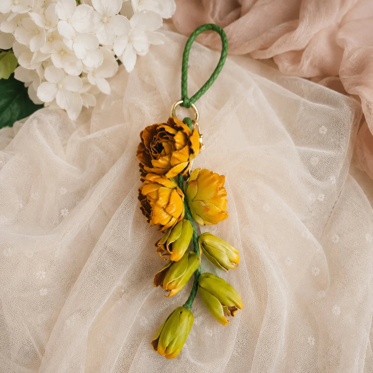 Moonlit Tuberose Leather Floral Bag Charm – Handmade Sculpted Leather Flower Pendant | Premium Handbag & Necklace Accessory