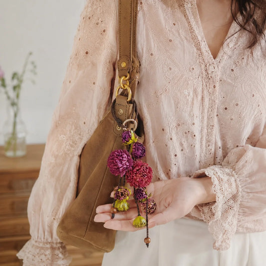 Vineyard Bloom Leather Floral Bag Charm – Handmade Sculpted Leather Flower Pendant | Premium Handbag & Necklace Accessory