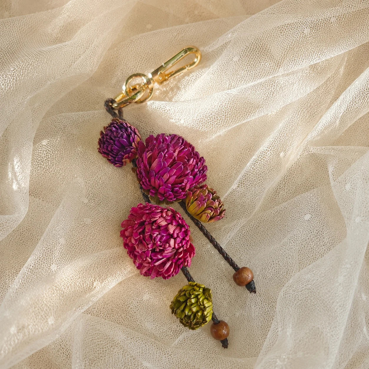 Vineyard Bloom Leather Floral Bag Charm – Handmade Sculpted Leather Flower Pendant | Premium Handbag & Necklace Accessory