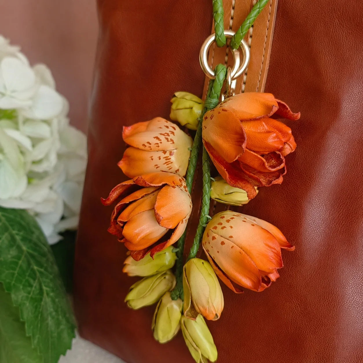 Amber Lily Cascade Leather Floral Bag Charm – Handmade Sculpted Leather Lily Pendant | Premium Handbag & Necklace Accessory