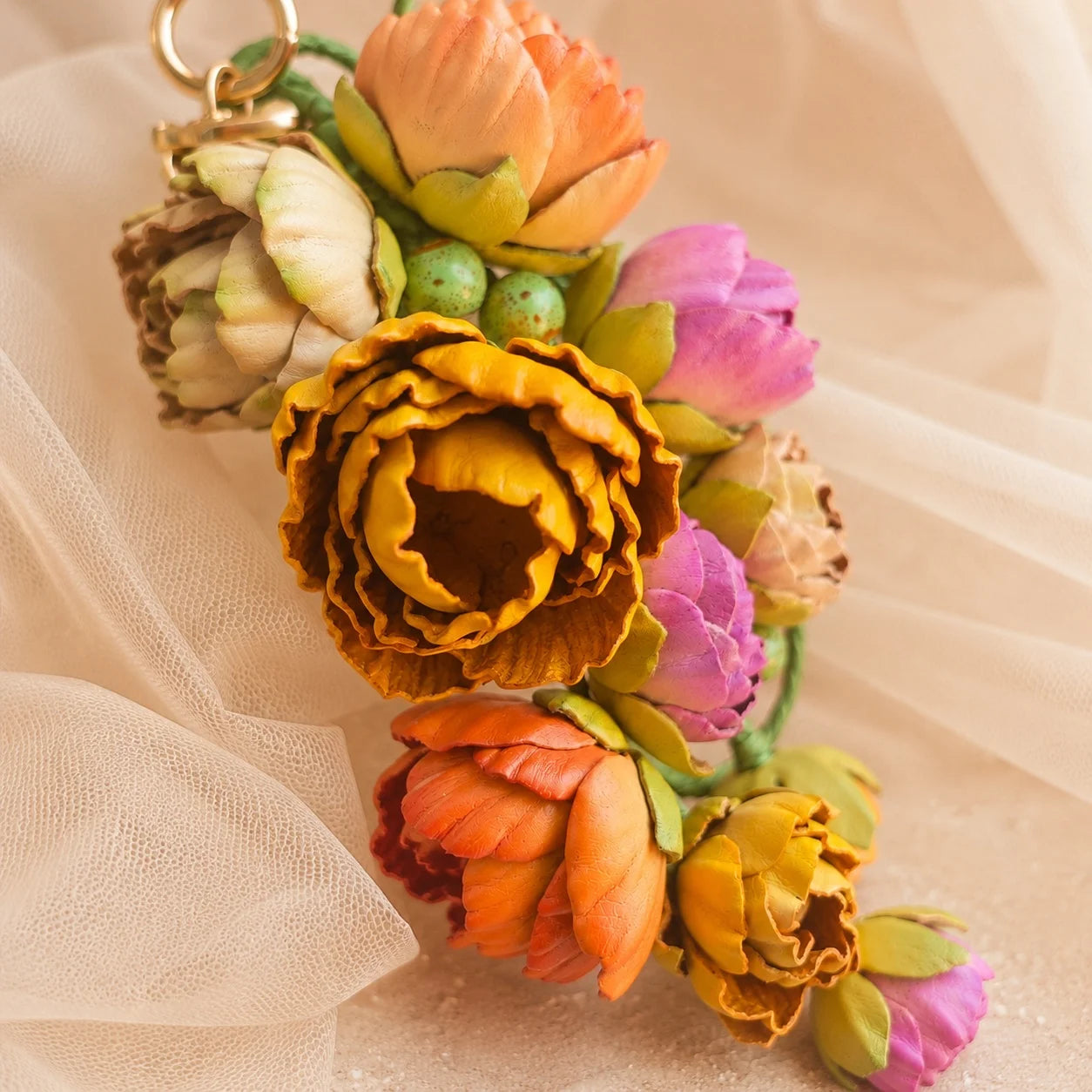 Primavera Bloom Cascade Leather Floral Bag Charm – Handmade Sculpted Leather Flower Pendant | Premium Handbag & Necklace Accessory