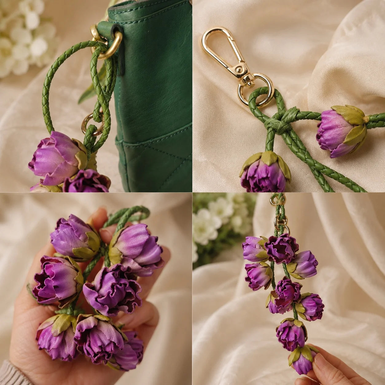 Bellflower Cascade Leather Bag Charm | Handmade Floral Handbag Charm & Keychain Pendant