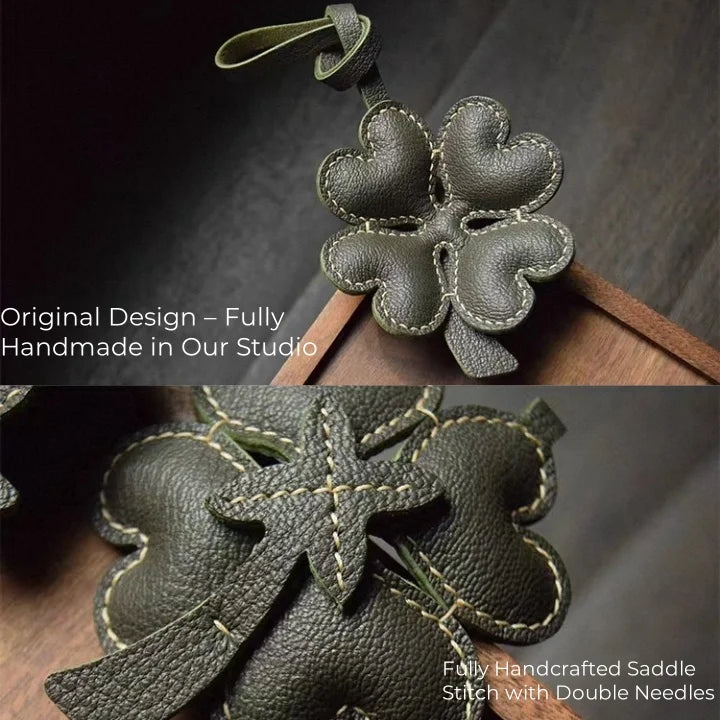 Lucky Clover Leather Bag Charm – Handcrafted Four-Leaf Pendant | Minimalist Charm for Handbags & Backpacks | Unisex Good Luck Gift in Black or Green