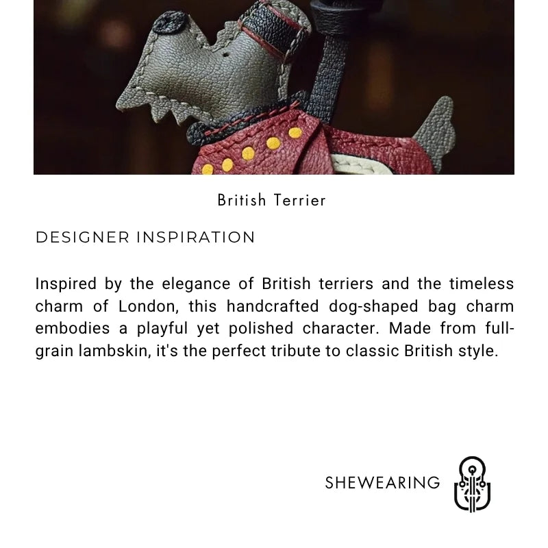 British Terrier Leather Bag Charm – Handmade Full-Grain Lambskin Dog Keychain | Retro London Guard-Inspired Design | Hand-Sewn Saddle Stitch | Luxury Gift for Pet Lovers