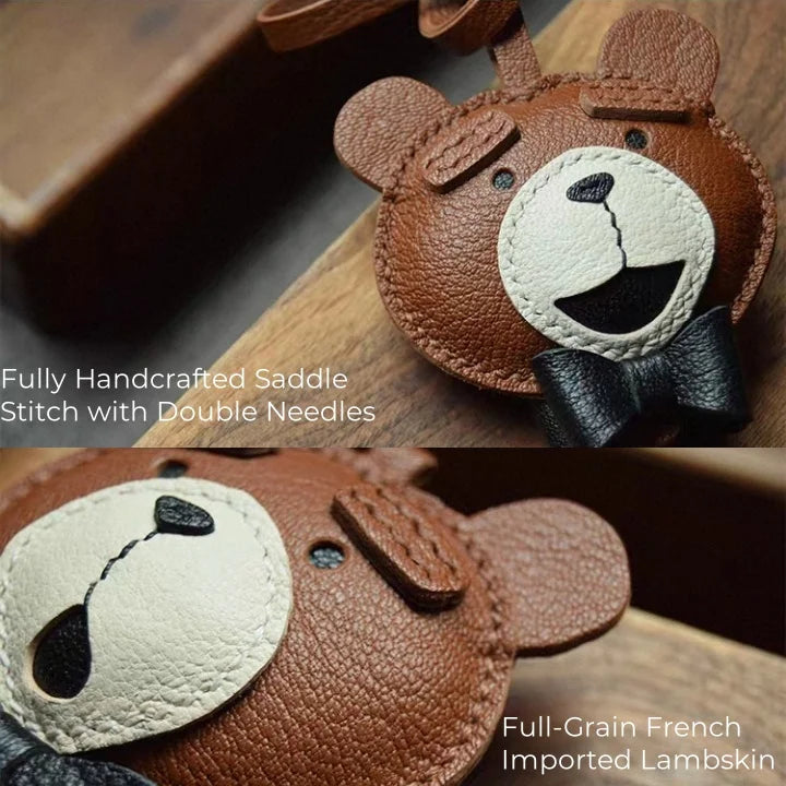 Teddy Bear Leather Bag Charm – Handcrafted Full-Grain Lambskin Pendant with Bow Tie | Premium Stitching | Elegant and Playful Gift for Her