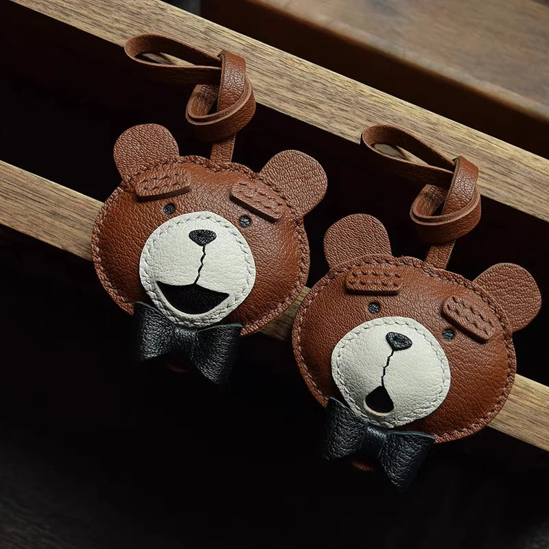 Teddy Bear Leather Bag Charm – Handcrafted Full-Grain Lambskin Pendant with Bow Tie | Premium Stitching | Elegant and Playful Gift for Her