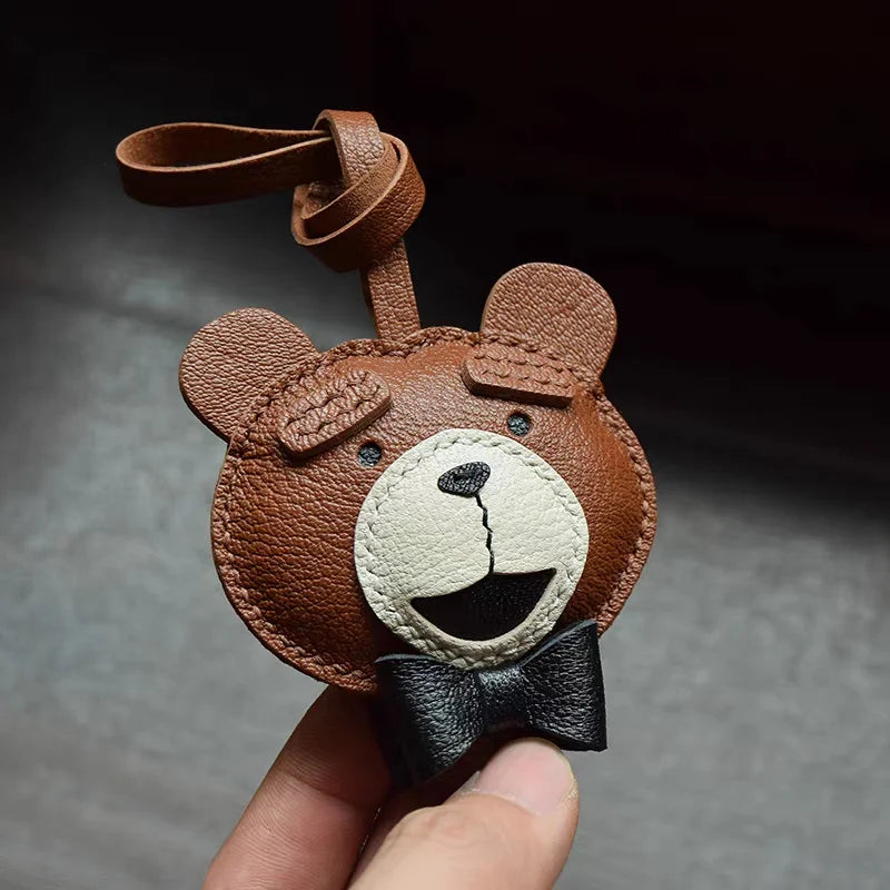 Teddy Bear Leather Bag Charm – Handcrafted Full-Grain Lambskin Pendant with Bow Tie | Premium Stitching | Elegant and Playful Gift for Her
