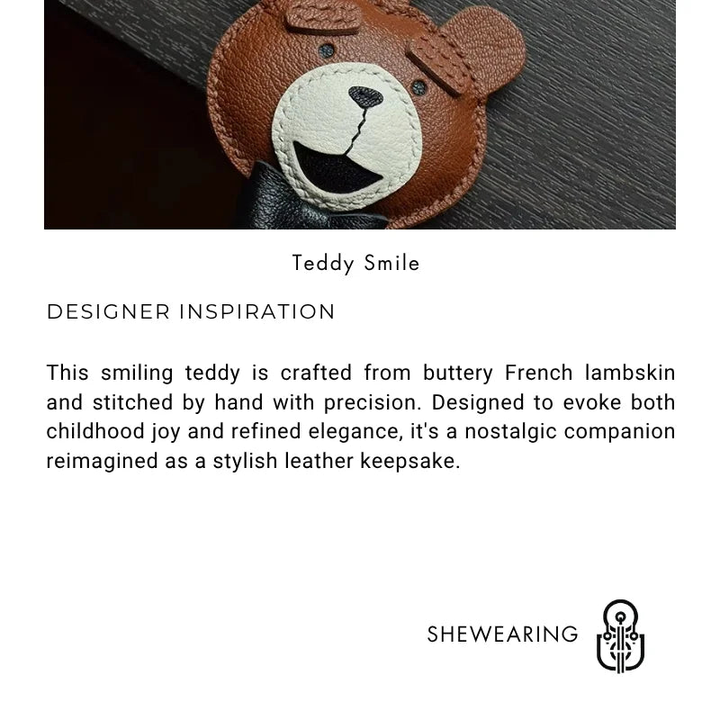 Teddy Bear Leather Bag Charm – Handcrafted Full-Grain Lambskin Pendant with Bow Tie | Premium Stitching | Elegant and Playful Gift for Her