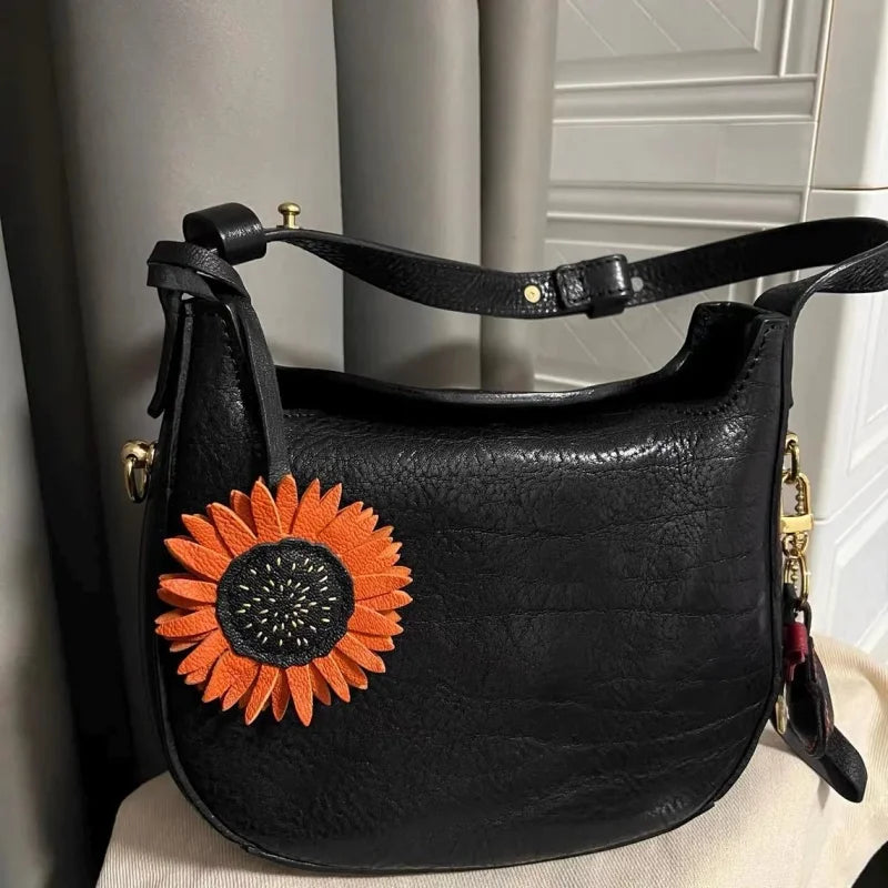 Handmade Sunflower Leather Bag Charm – Designer Full-Grain Cowhide Pendant | Artisan Floral Keychain | Unique Handbag Decoration & Gift