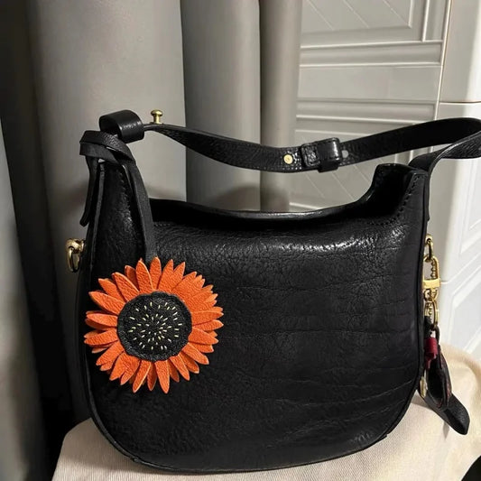 Handmade Sunflower Leather Bag Charm – Designer Full-Grain Cowhide Pendant | Artisan Floral Keychain | Unique Handbag Decoration & Gift