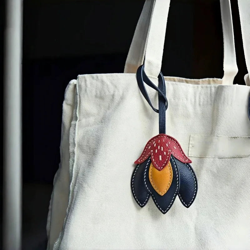 Handmade Leather Tulip Bag Charm – Original Red-Orange & Yellow Petal Design | Full-Grain Leather Pendant & Keychain | Minimalist Artistic Handbag Accessory
