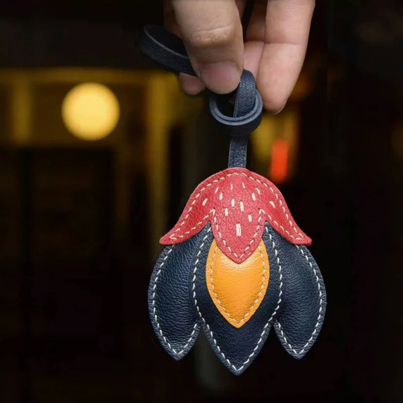 Handmade Leather Tulip Bag Charm – Original Red-Orange & Yellow Petal Design | Full-Grain Leather Pendant & Keychain | Minimalist Artistic Handbag Accessory