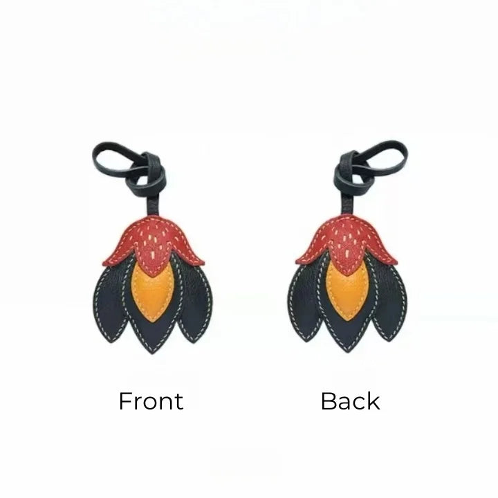 Handmade Leather Tulip Bag Charm – Original Red-Orange & Yellow Petal Design | Full-Grain Leather Pendant & Keychain | Minimalist Artistic Handbag Accessory