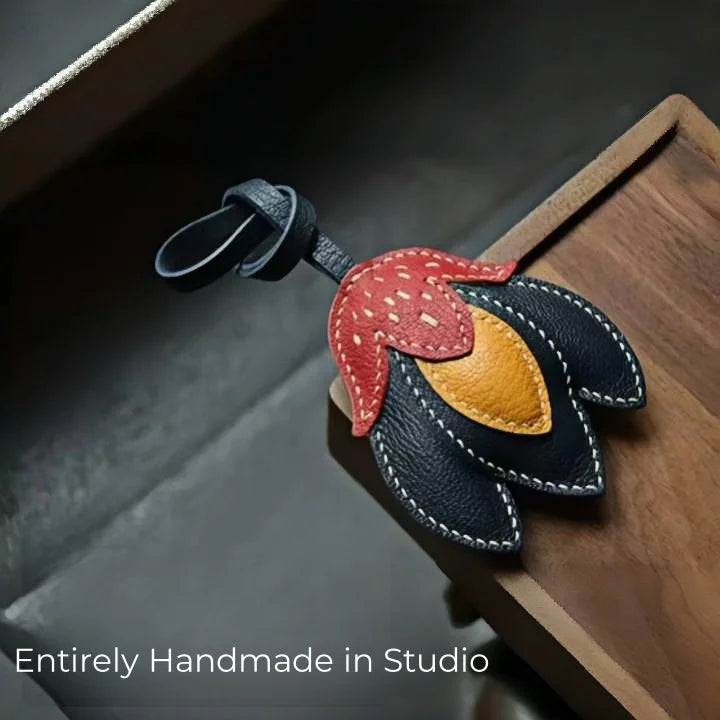 Handmade Leather Tulip Bag Charm – Original Red-Orange & Yellow Petal Design | Full-Grain Leather Pendant & Keychain | Minimalist Artistic Handbag Accessory