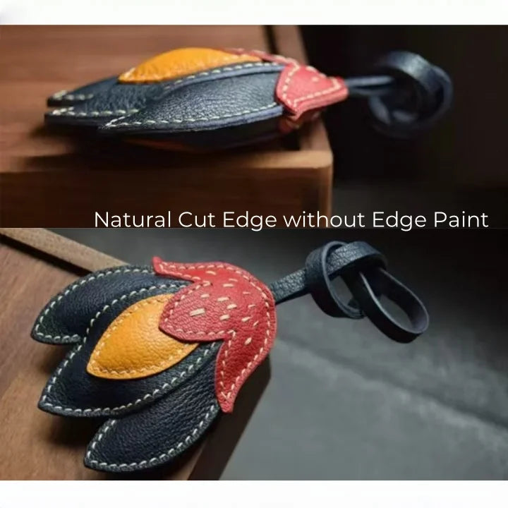Handmade Leather Tulip Bag Charm – Original Red-Orange & Yellow Petal Design | Full-Grain Leather Pendant & Keychain | Minimalist Artistic Handbag Accessory