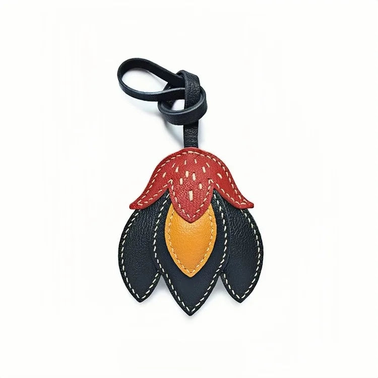 Handmade Leather Tulip Bag Charm – Original Red-Orange & Yellow Petal Design | Full-Grain Leather Pendant & Keychain | Minimalist Artistic Handbag Accessory
