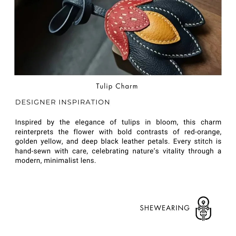 Handmade Leather Tulip Bag Charm – Original Red-Orange & Yellow Petal Design | Full-Grain Leather Pendant & Keychain | Minimalist Artistic Handbag Accessory