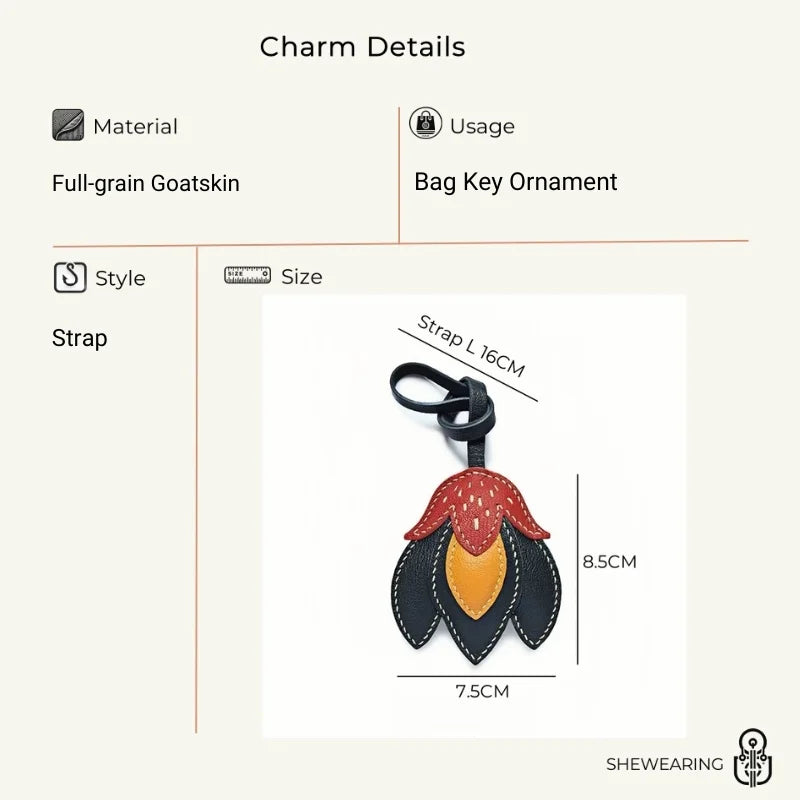 Handmade Leather Tulip Bag Charm – Original Red-Orange & Yellow Petal Design | Full-Grain Leather Pendant & Keychain | Minimalist Artistic Handbag Accessory