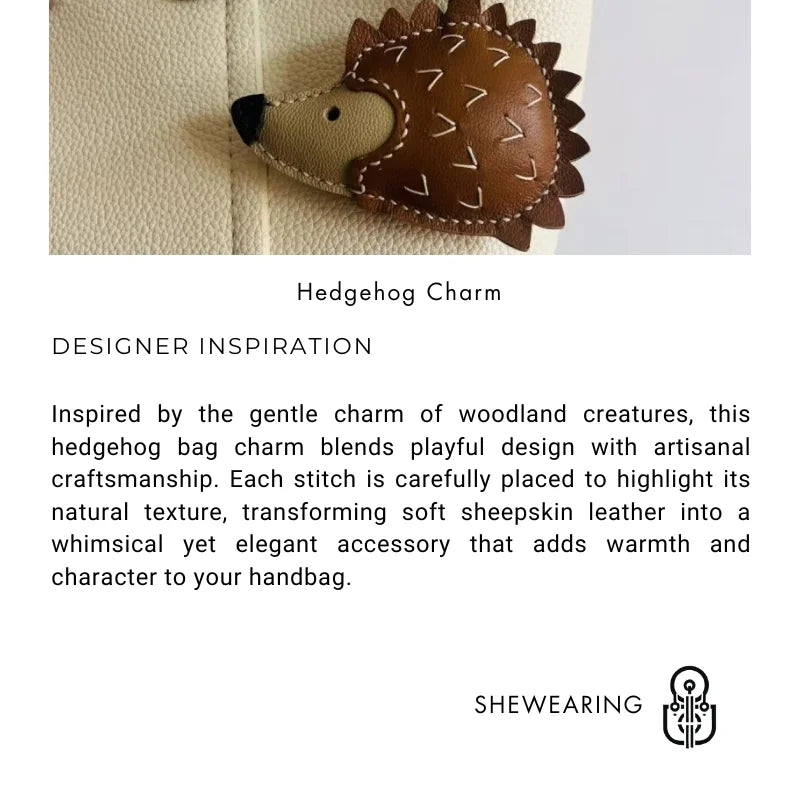 Charming Hedgehog Leather Bag Charm – Handmade Sheepskin Keychain Pendant | Cute Animal-Inspired Accessory | Elegant Gift for Women
