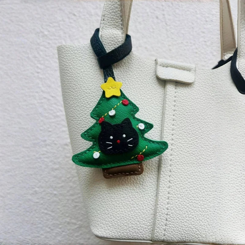 Christmas Black Cat Leather Bag Charm – Handmade Festive Tree Pendant | Cute Holiday Keychain | Whimsical Gift for Women