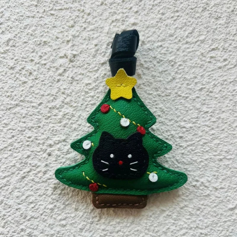 Christmas Black Cat Leather Bag Charm – Handmade Festive Tree Pendant | Cute Holiday Keychain | Whimsical Gift for Women