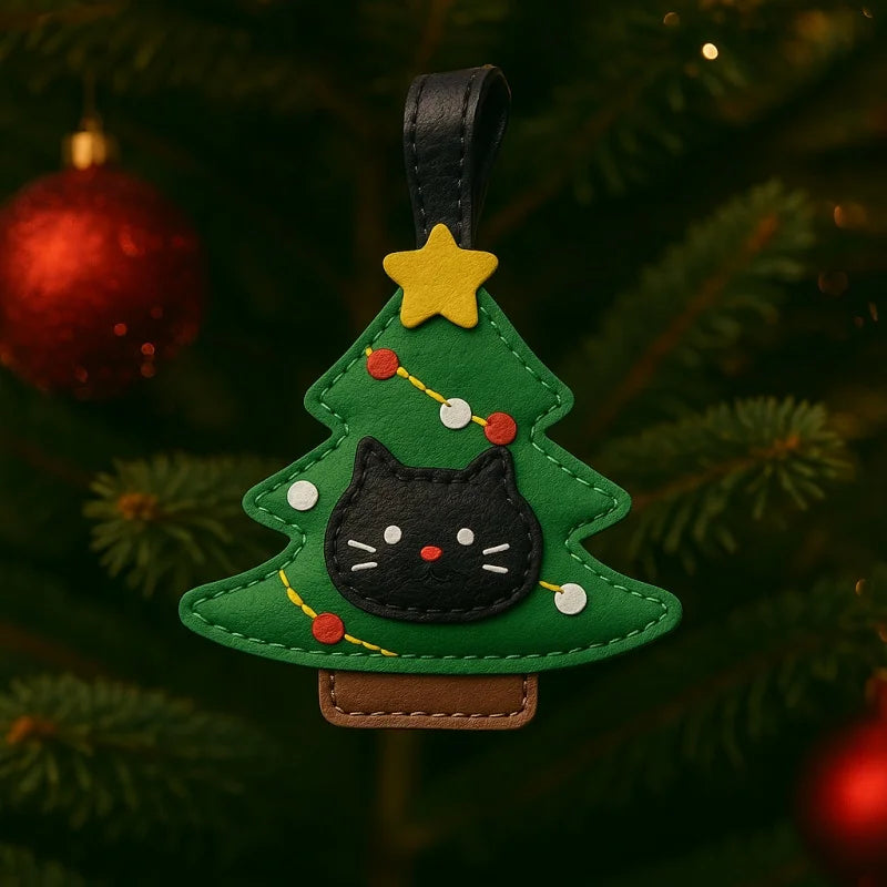 Christmas Black Cat Leather Bag Charm – Handmade Festive Tree Pendant | Cute Holiday Keychain | Whimsical Gift for Women