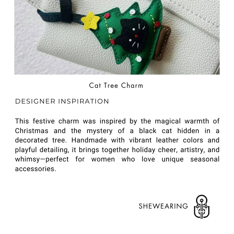Christmas Black Cat Leather Bag Charm – Handmade Festive Tree Pendant | Cute Holiday Keychain | Whimsical Gift for Women