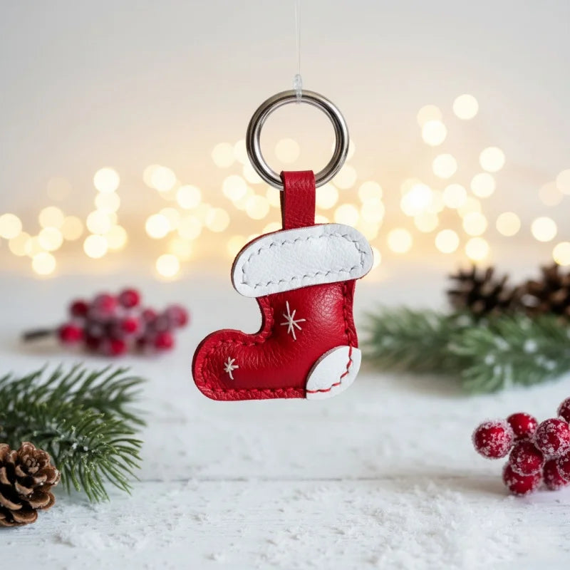Christmas Leather Boot Bag Charm – Handcrafted Lambskin Pendant | Festive Red & Green Ornament | Cute Holiday Gift for Women
