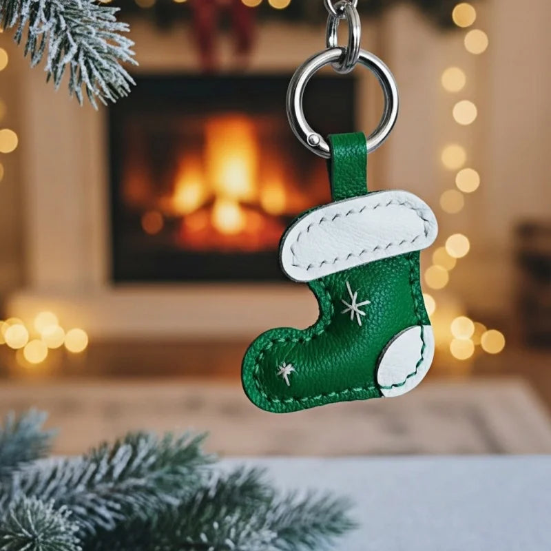 Christmas Leather Boot Bag Charm – Handcrafted Lambskin Pendant | Festive Red & Green Ornament | Cute Holiday Gift for Women
