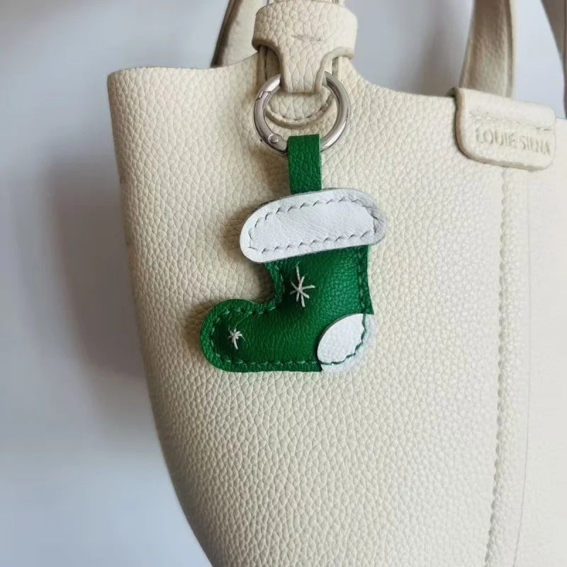 Christmas Leather Boot Bag Charm – Handcrafted Lambskin Pendant | Festive Red & Green Ornament | Cute Holiday Gift for Women