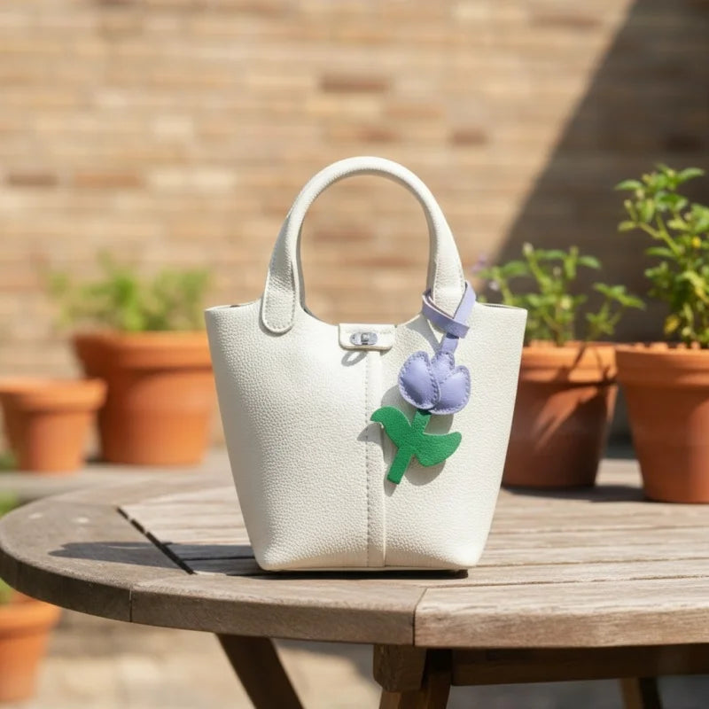 Dije para bolso de piel de tulipán pastel – Colgante de piel flor hecho a mano | Llavero de flor minimalista con un toque dulce | Regalo elegante para mujer